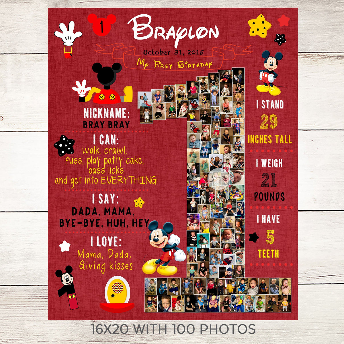 1st Birthday Photo Collage - Mickey Mouse Party, red | Photo Canvas Prints