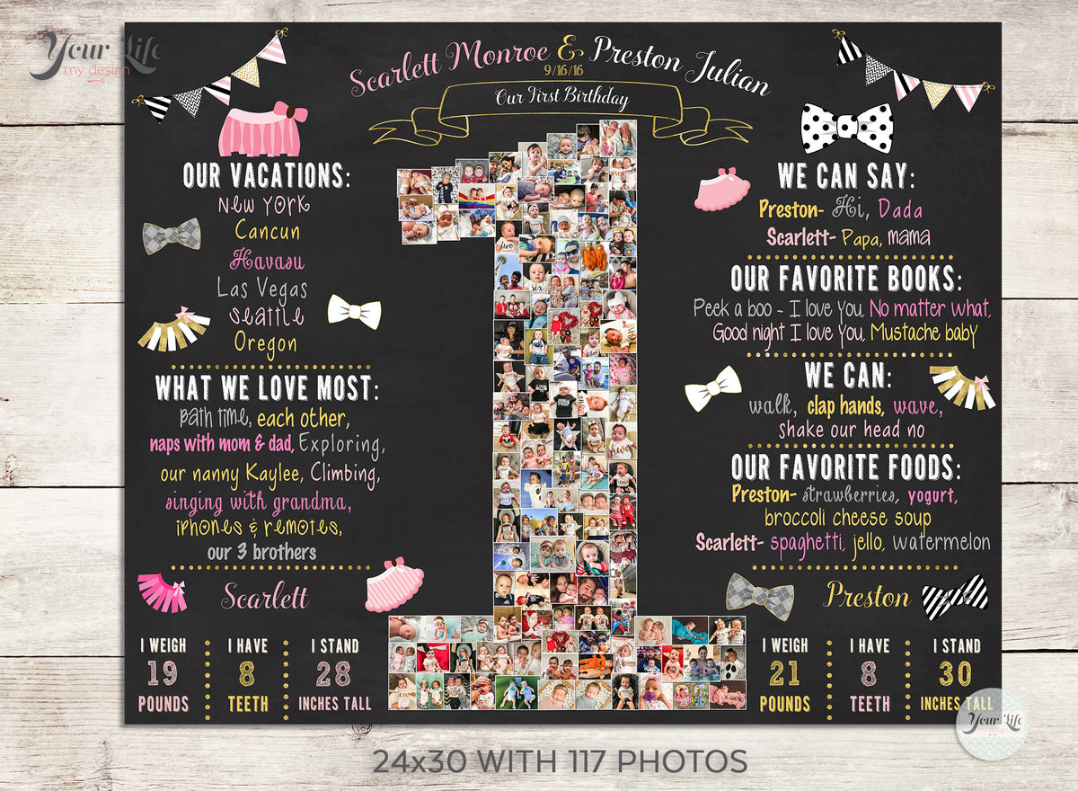 Twins- First Year Milestone Board - Tutus and Bowties - Black, White, Pink