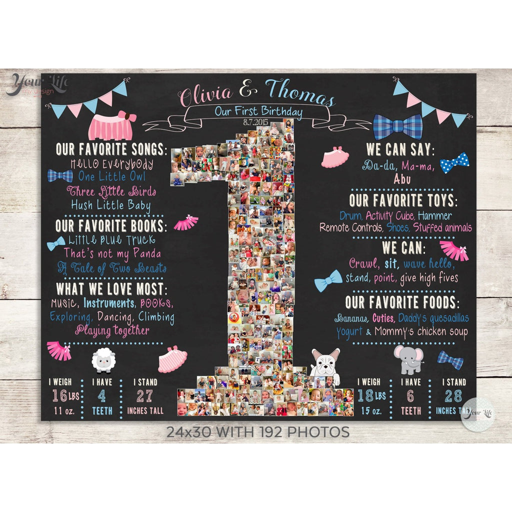 Twins - Tutus and Bowties, Blue &amp; Pink, 1st Birthday Photo Collage