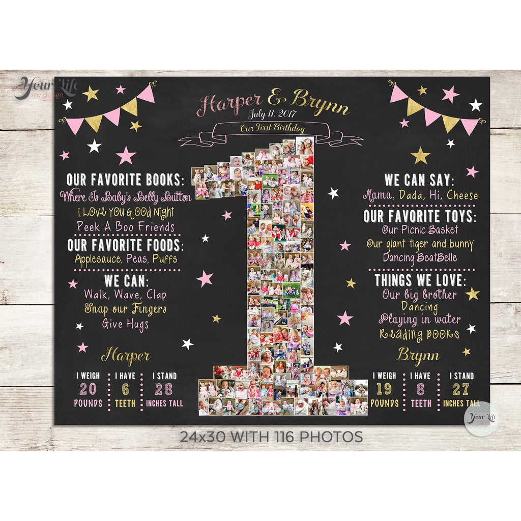 Twins 1st Birthday Photo Collage - Twinkle Little Star Party