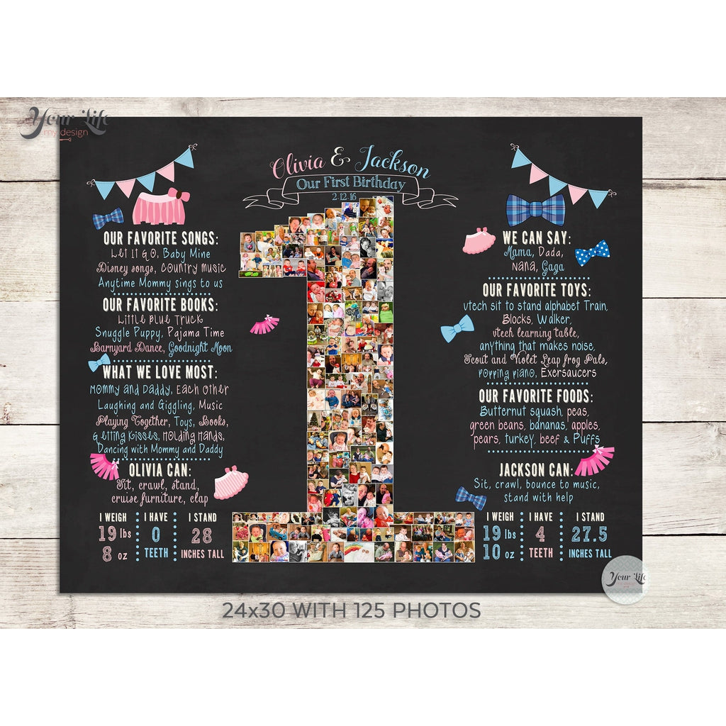 Twins - Tutus and Bowties, Blue &amp; Pink, 1st Birthday Photo Collage