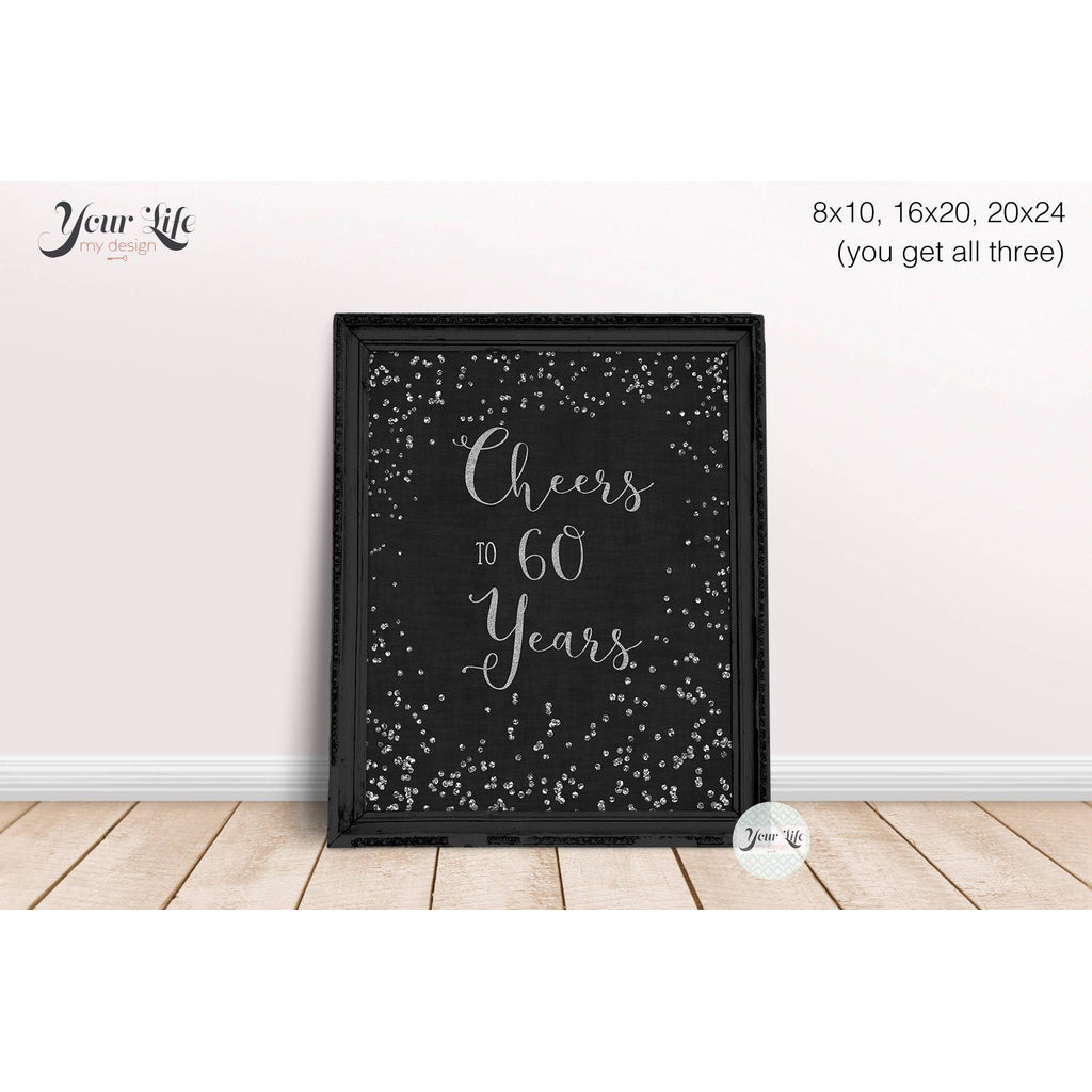 SILVER- Cheers to 60 Years Printable, 60th Anniversary Decor, 60 Year Diamond Anniversary, 60th Birthday Party Decorations Silver Confetti