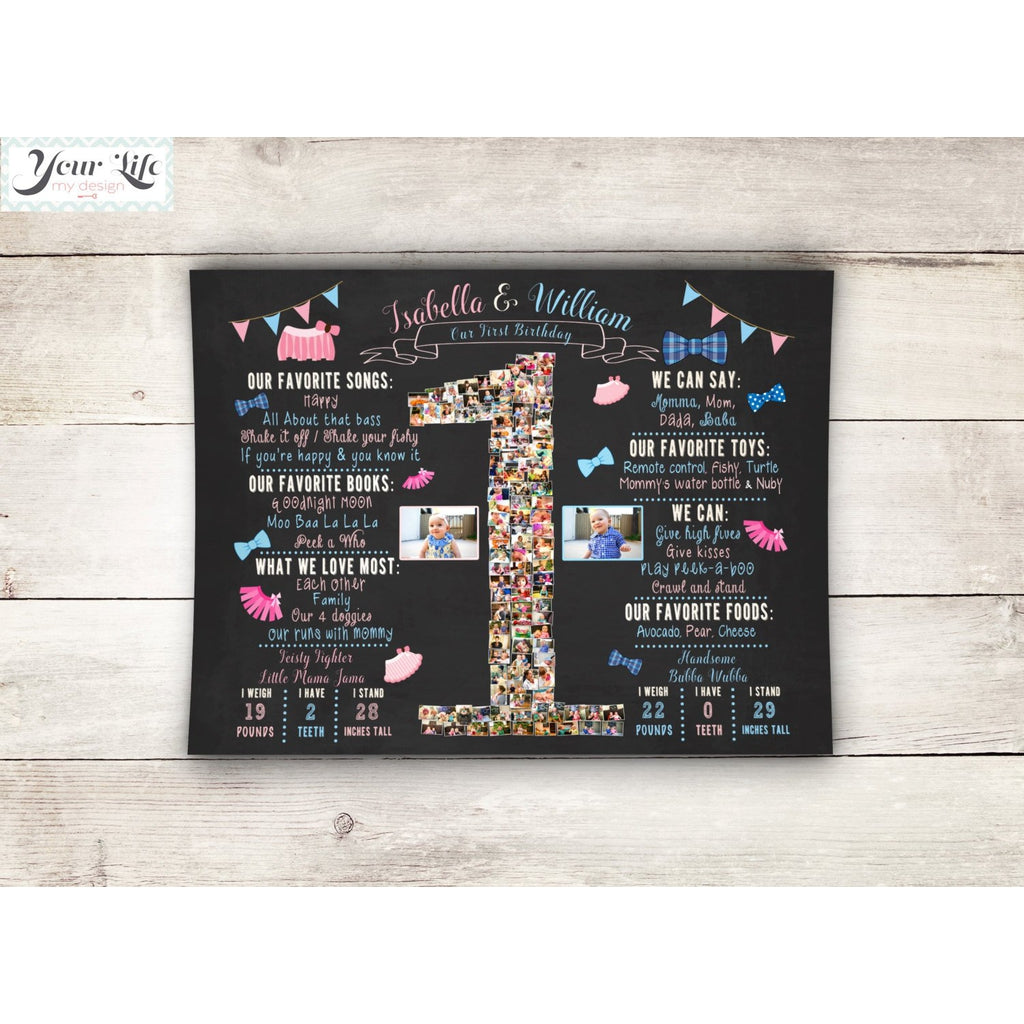 Twins - Tutus and Bowties, Blue &amp; Pink, 1st Birthday Photo Collage