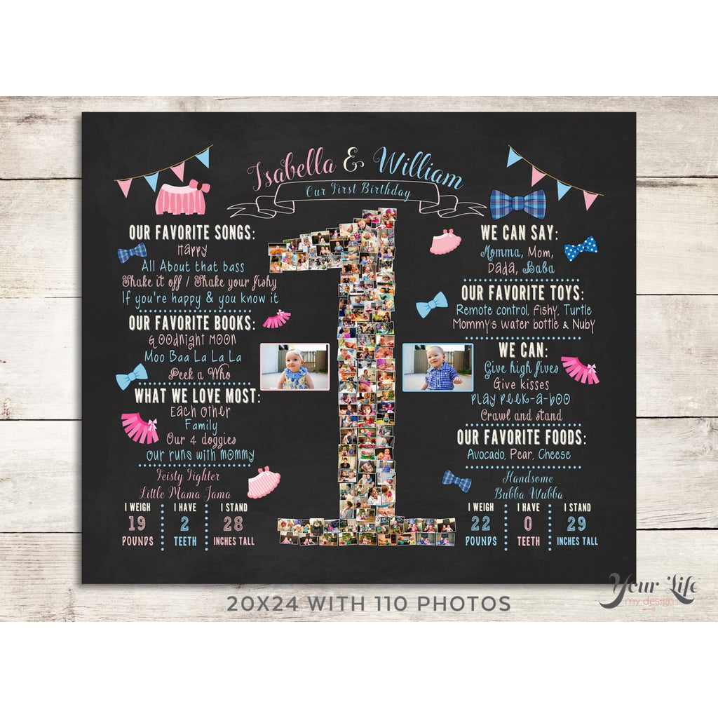 Twins - Tutus and Bowties, Blue &amp; Pink, 1st Birthday Photo Collage