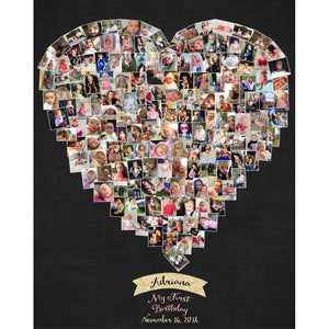 Heart- Pink & Gold - 1st Birthday Photo Collage