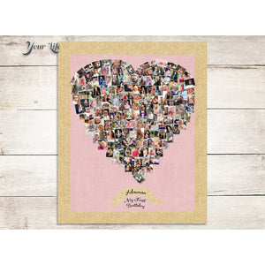 Heart- Pink & Gold - 1st Birthday Photo Collage