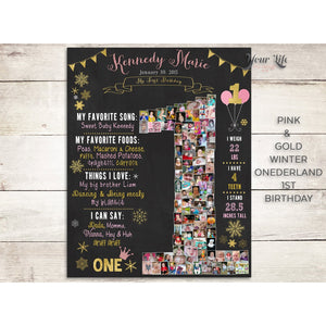 Winter Onederland 1st Birthday Photo Collage- Pink & Gold
